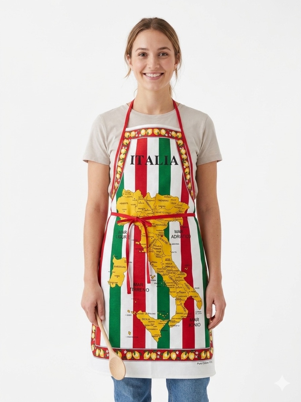Italia Map Cotton Kitchen Apron - Red Green White